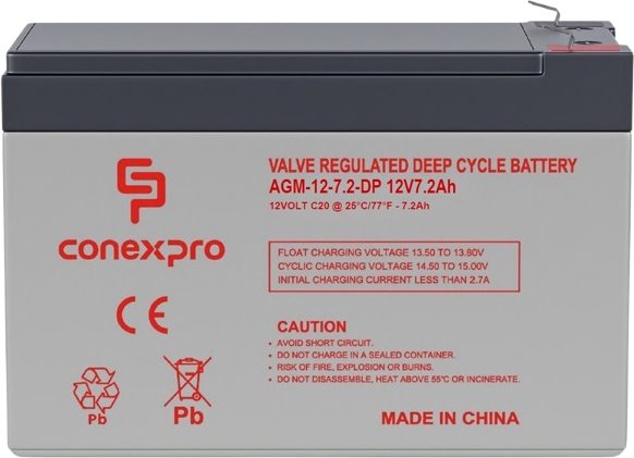 Conexpro batery AGM 12V, 7.2Ah, lifetime 10 years, Faston 6,3mm, Deep cycle