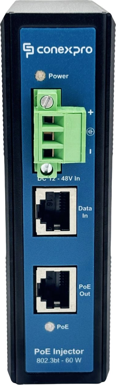Conexpro Gigabit PoE injector for DIN rail, input 12-48V DC, 802.3af/at/bt, 60W